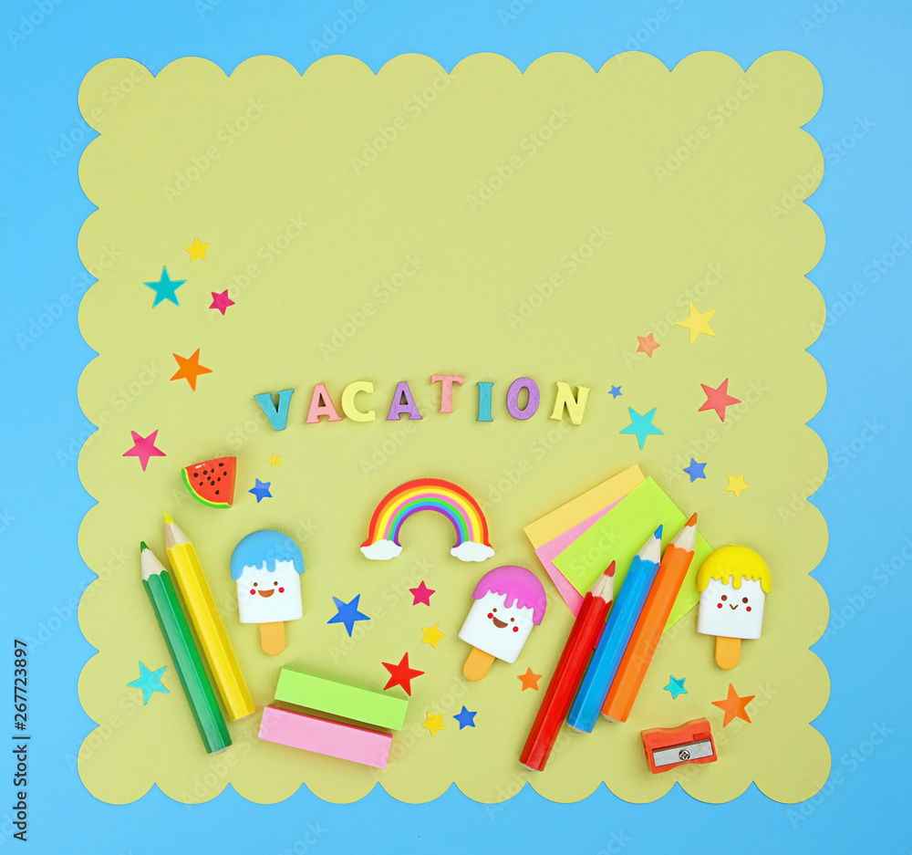 cute stationery, creative idea. School set with pencils and stationery. Flat lay, top view trendy back to school or vacation concept. minimal kawaii style. Template for your design cute stationery, creative idea. School set with pencils and stationery. Flat lay, top view trendy back to school or vacation concept. minimal kawaii style. Template for your design