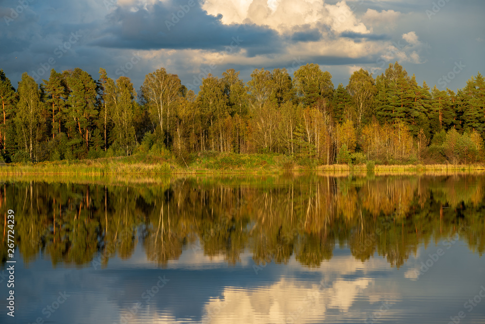 beautiful sunset by the lake with green grass meadow and white clouds in the blue sky