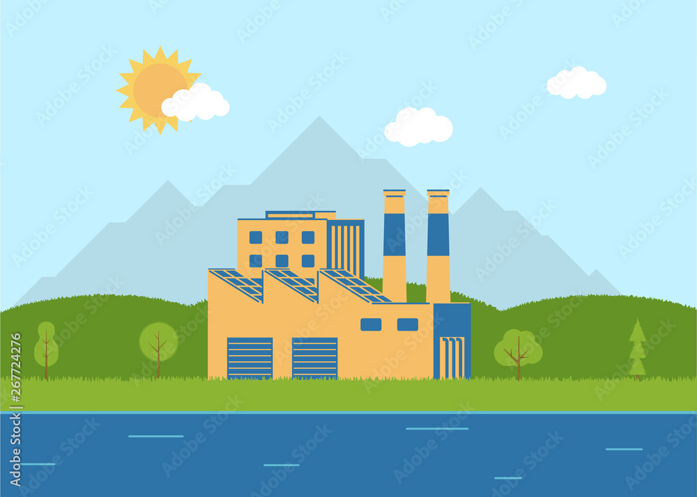 Ecological factory near the river. Flat style. Environment.