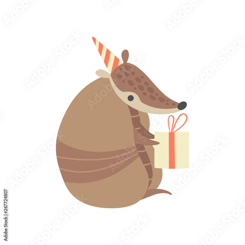 Cute Armadillo in Party Hat Holding Gift Box, Adorable Pleistocene Animal Cartoon Character Celebrating Birthday Vector Illustration