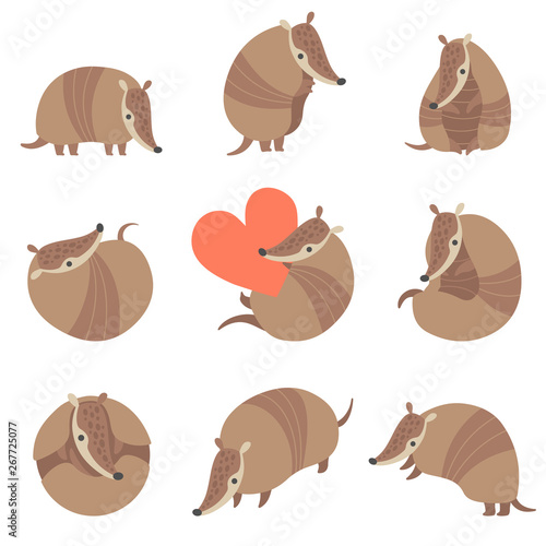 Collection of Cute Adorable Armadillos Pleistocene Animals in Various Poses Vector Illustration photo