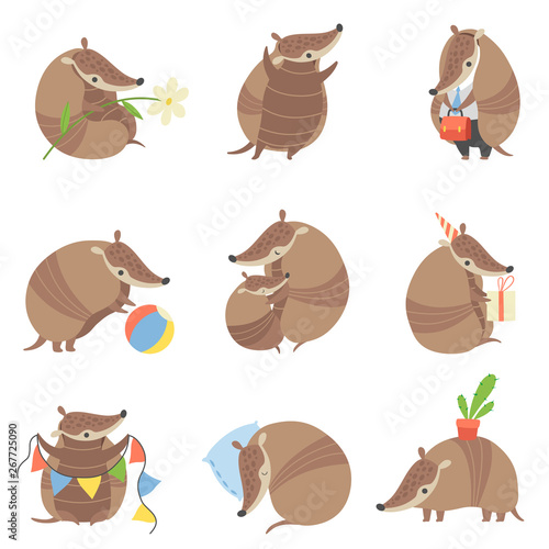 Cute Armadillos Set, Adorable Pleistocene Animals Cartoon Characters in Various Situations Vector Illustration