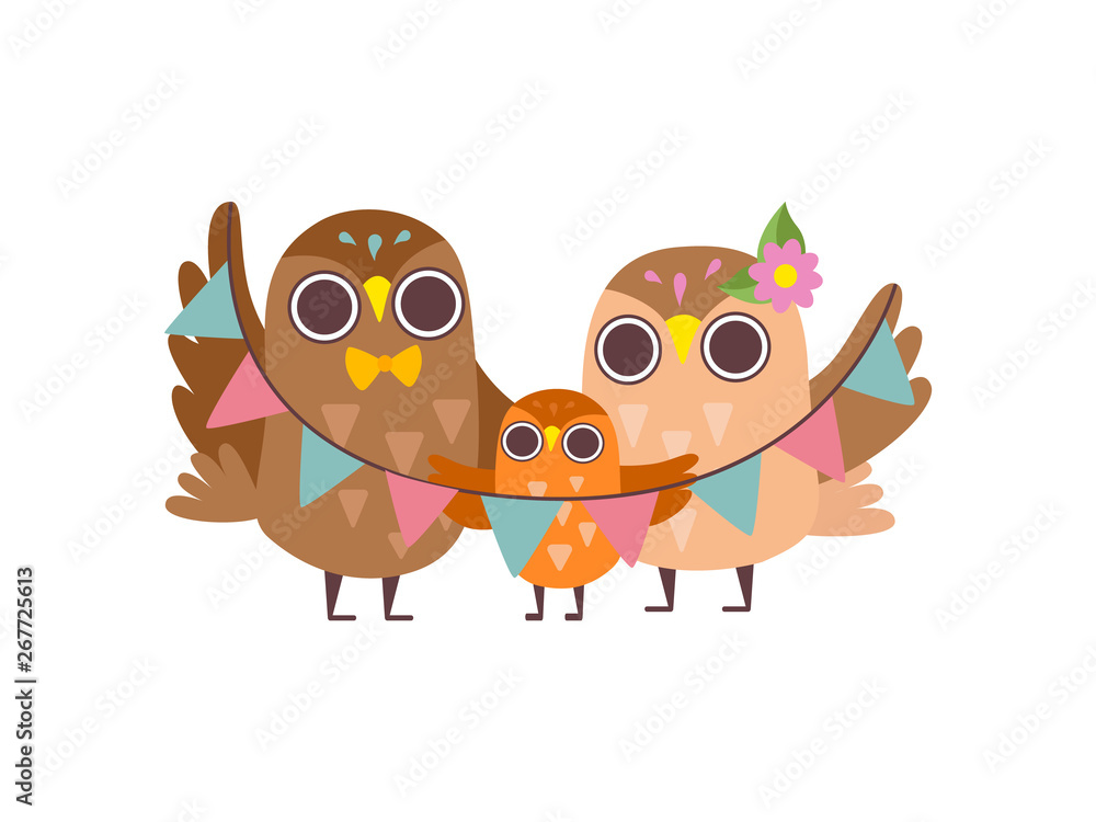 Obraz premium Happy Family of Owls, Father, Mother and Their Owlet Baby, Cute Cartoon Birds Characters Vector Illustration