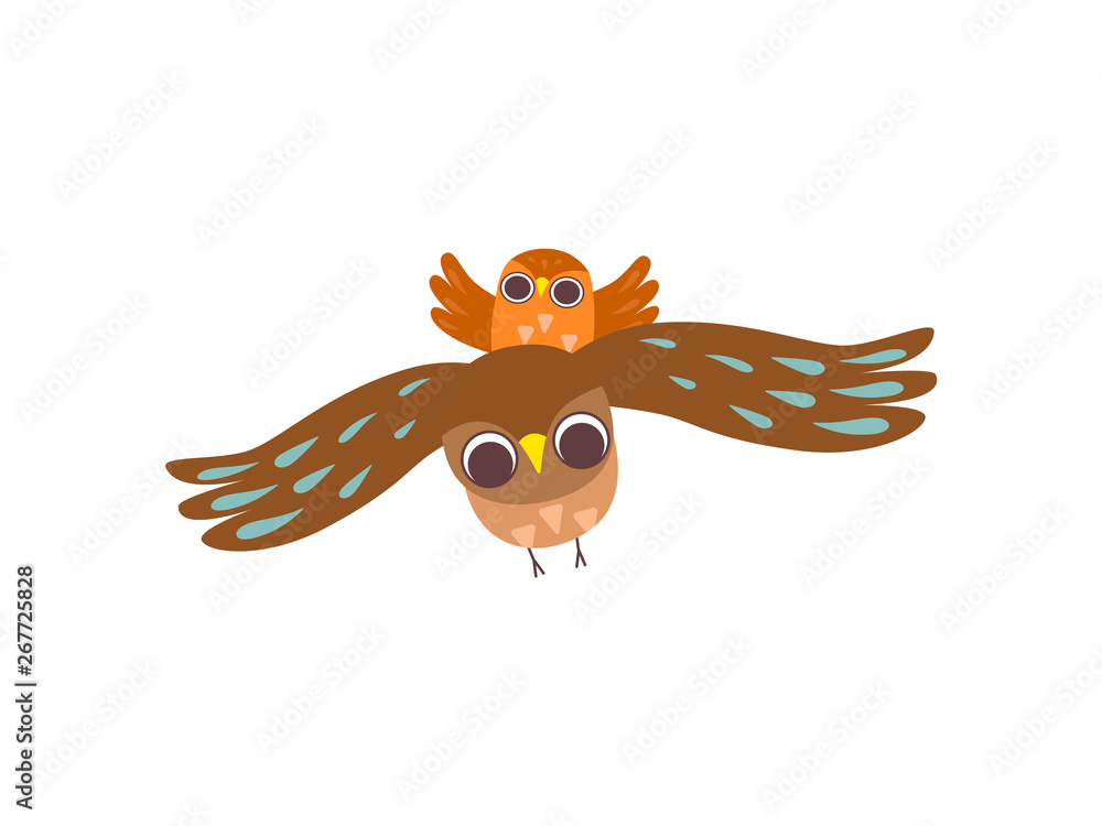 Naklejka premium Father Owl and His Owlet Flying Together, Happy Family of Owls, Father, Cute Cartoon Birds Characters Vector Illustration