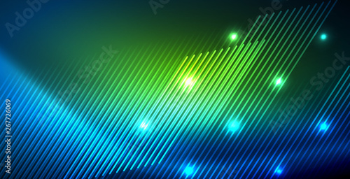 Neon glowing techno lines  blue hi-tech futuristic abstract background template with lights
