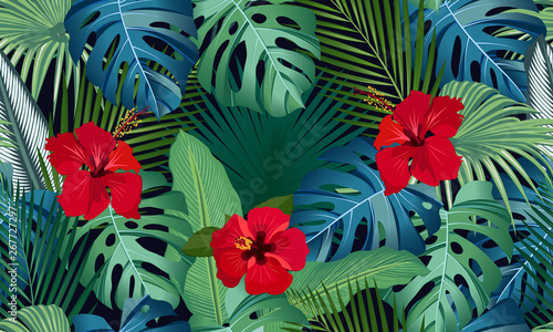 Seamless vector pattern tropical leaves with red hibiscus flower on black background photo