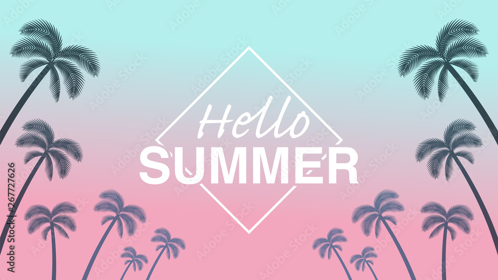 Palm tree silhouette frame in sunset background - Included words “Hello Summer