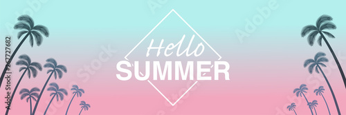 Palm tree silhouette frame in sunset background - Included words “Hello Summer",pinkish color, Banner ratio
