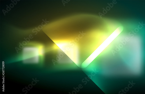 Neon square and line lights on dark background with blurred effects