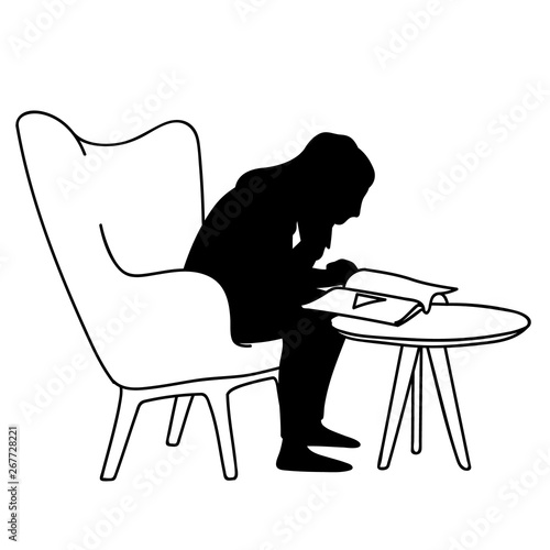 Woman sitting on soft armchair in front of coffee table, reading magazine. Vector illustration of silhouette of girl closely peering into book. Concept. Stencil. Black silhouette on white background