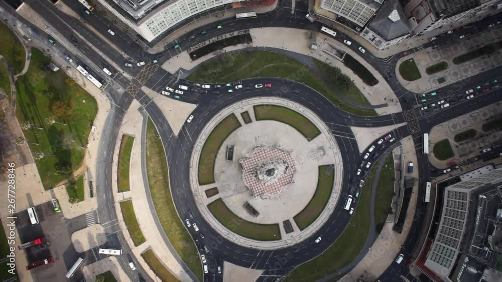Marquês de Pombal roundabout top shot.Panoramic drone shot in Lisbon, Portugal Marquês de Pombal roundabout top shot.Panoramic drone shot in Lisbon, Portugal