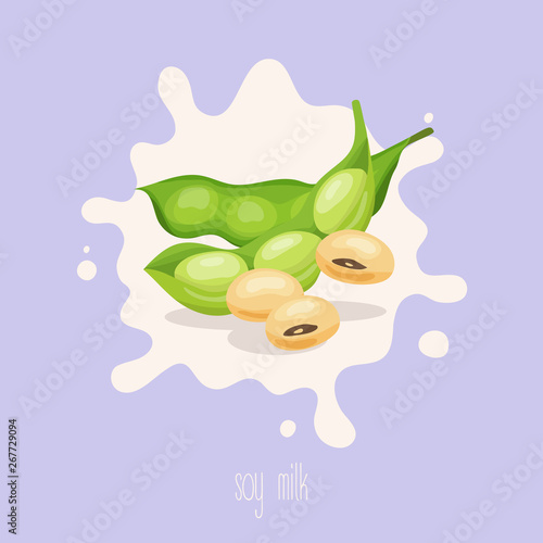 Soy milk. Soybean on a milk splash. Vector illustration.