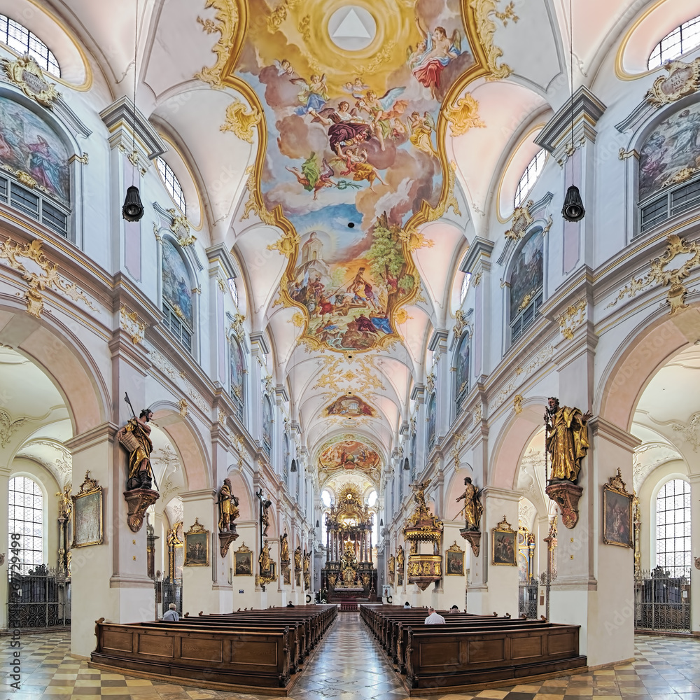 Panorama of interior of St. Peter's Church (Alter Peter) in Munich, Germany. This is the oldest church in the city. The present Late Baroque interior was created in the 18th century.