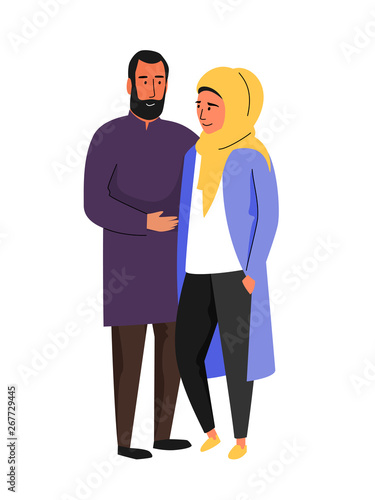 Muslim family, hijab abaya traditional clothing, vector illustration