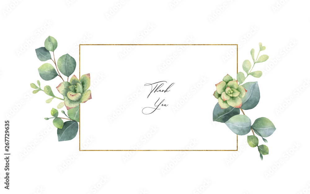 Watercolor vector frame with eucalyptus leaves and succulents. - obrazy, fototapety, plakaty 