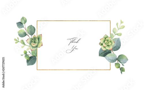 Watercolor vector frame with eucalyptus leaves and succulents.