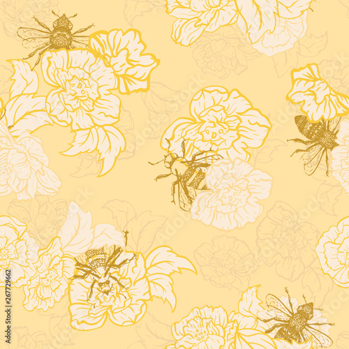Vector Honey Yellow Bees with Roses seamless pattern background.