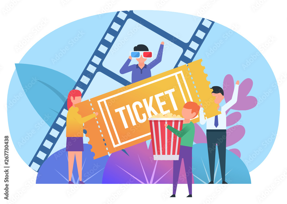 Small people standing with big ticket, popcorn bucket, 3D glasses. People in cinema concept. Poster for social media, web page, banner, presentation. Flat design vector illustration
