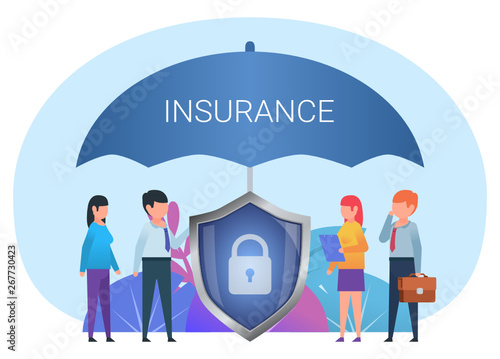 People standing under big umbrella protected from dangers, insurance concept. Poster for social media, web page, banner, presentation. Flat design vector illustration