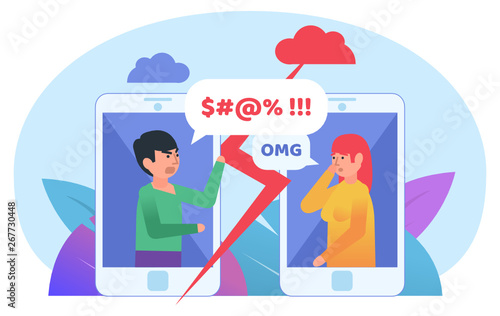 People quarreling in chat, messenger. Online bullying, trolling. Poster for social media, web page, banner, presentation. Flat design vector illustration