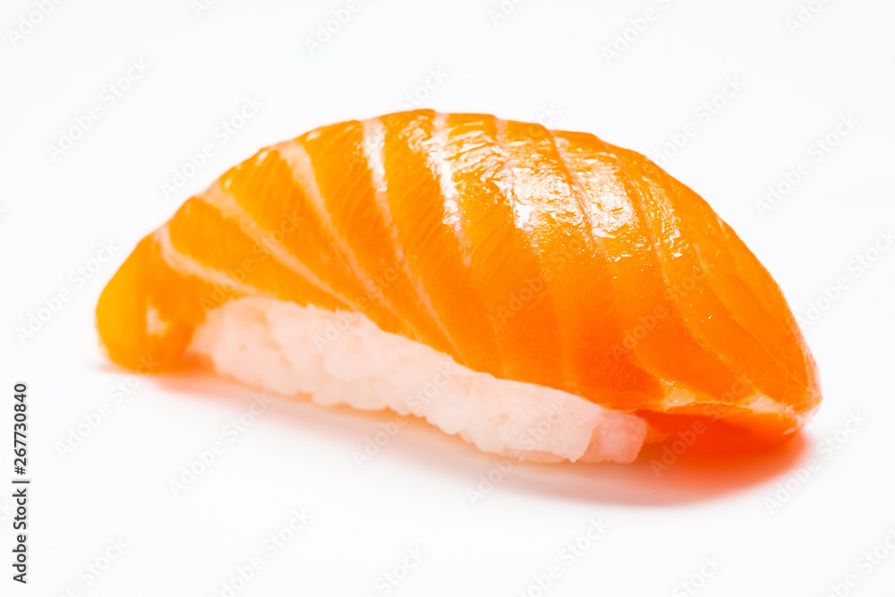 Sushi salmon & tuna sushi shrimp and wasabi on the white plate isolated.selective focus Sushi salmon & tuna sushi shrimp and wasabi on the white plate isolated.selective focus