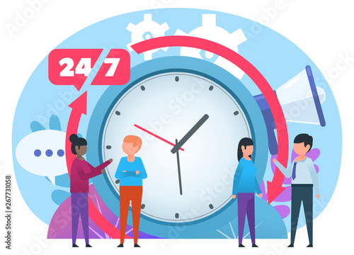 Call center, support working 24/7. Small people stand near big watches. Poster for social media, web page, banner, presentation. Flat design vector illustration