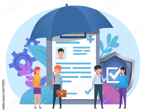 Medical, health insurance. Small people stand near big insurance document, umbrella, shield. Poster for social media, web page, banner, presentation. Flat design vector illustration