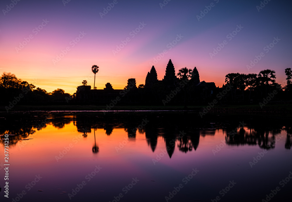 silhouette of Angkor wat  at sunrise in Cambodia