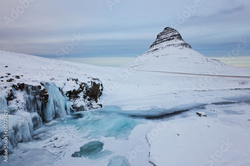 Iceland Landscape Winter Panorama, Kirkjufell Mountain Covered by Snow with Waterfall