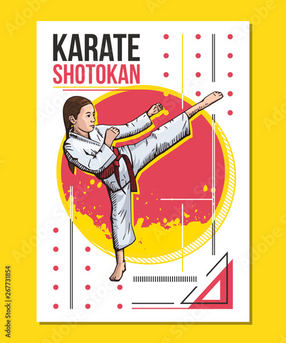 Karate girl showing high leg kick, karate girl training on abstract background. Sport poster, print graphic design. Bright, colorful vector illustration