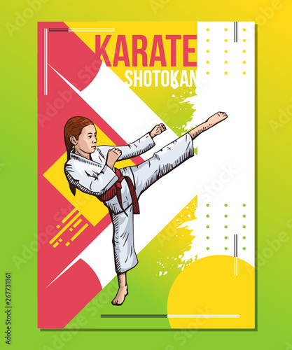 Karate girl showing high leg kick, karate girl training on abstract background. Sport poster, print graphic design. Bright, colorful vector illustration
