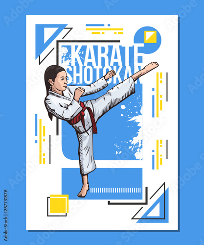 Karate girl showing high leg kick, karate girl training on abstract background. Sport poster, print graphic design. Bright, colorful vector illustration