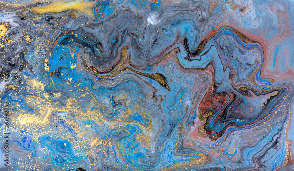 Blue marbling pattern. Golden marble liquid texture. Blue marbling pattern. Golden marble liquid texture.