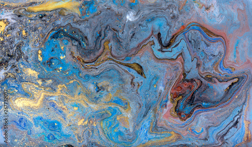 Blue marbling pattern. Golden marble liquid texture.