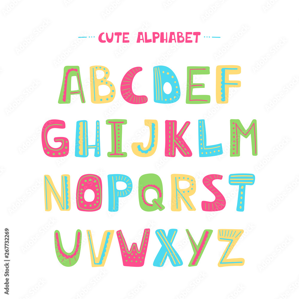 Colorful vector cartoon alphabet for kids on a white background. Upper letters with dotted line. Cute abc design for book cover, poster, card, print on baby's clothes, pillow.