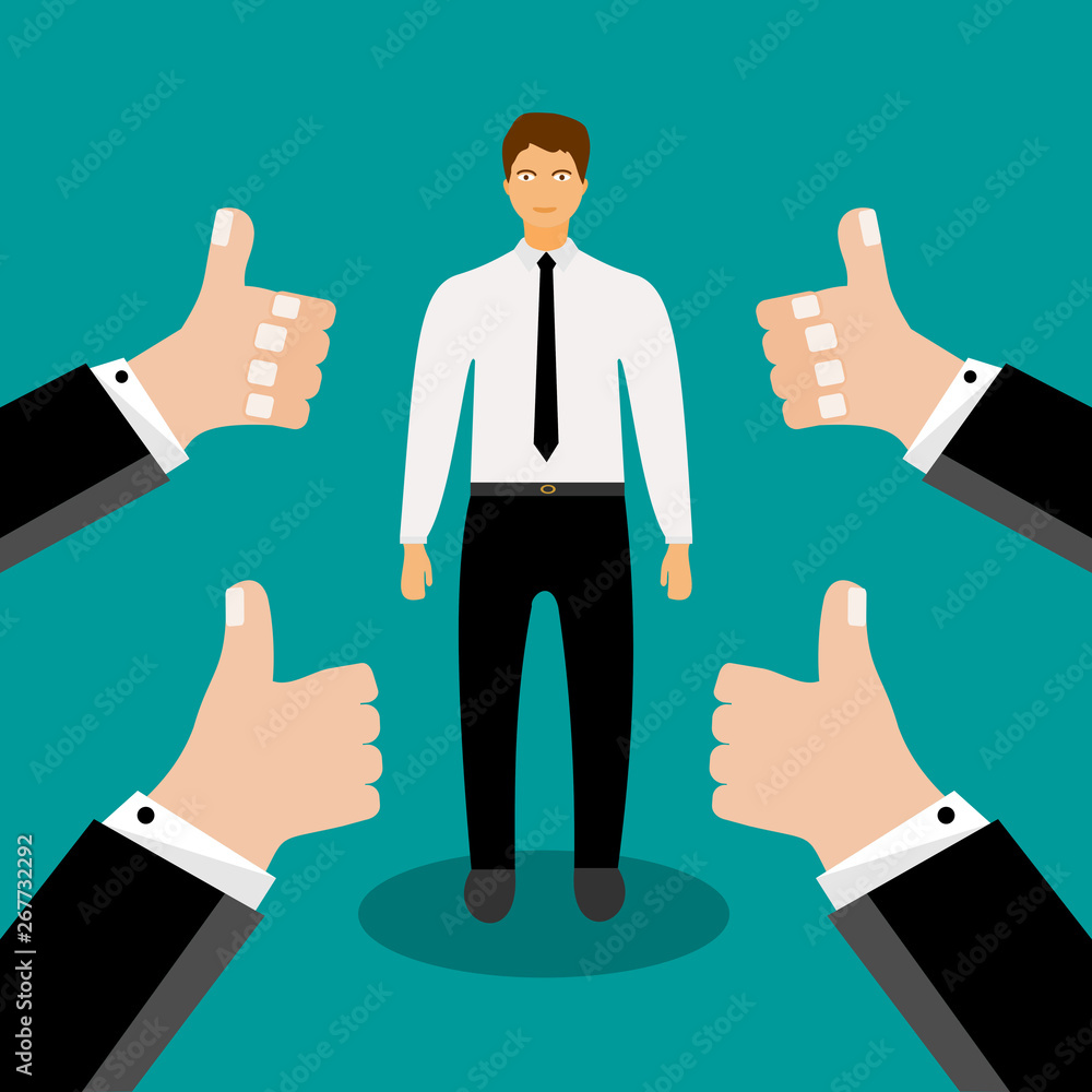 Businessman with many thumbs up hands. Vector graphic illustration in flat design. Businessman with many thumbs up hands. Vector graphic illustration in flat design.