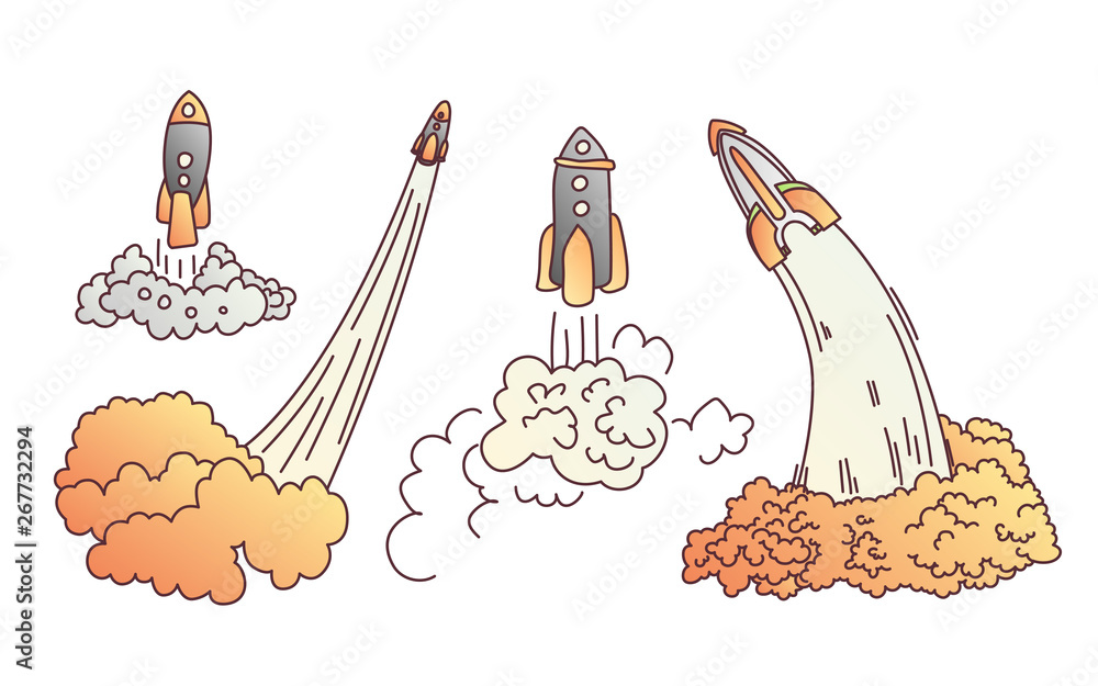 Launching rockets vector cartoon illustration. Rocket launch vector  illustration icon set. Space shuttle, ship on white background. Start up  cartoon concept. Space, business and science illustration Stock Vector |  Adobe Stock