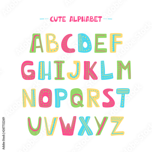Colorful vector cartoon alphabet for kids on a white background. Upper letters with dotted line. Cute abc design for book cover  poster  card  print on baby s clothes  pillow.