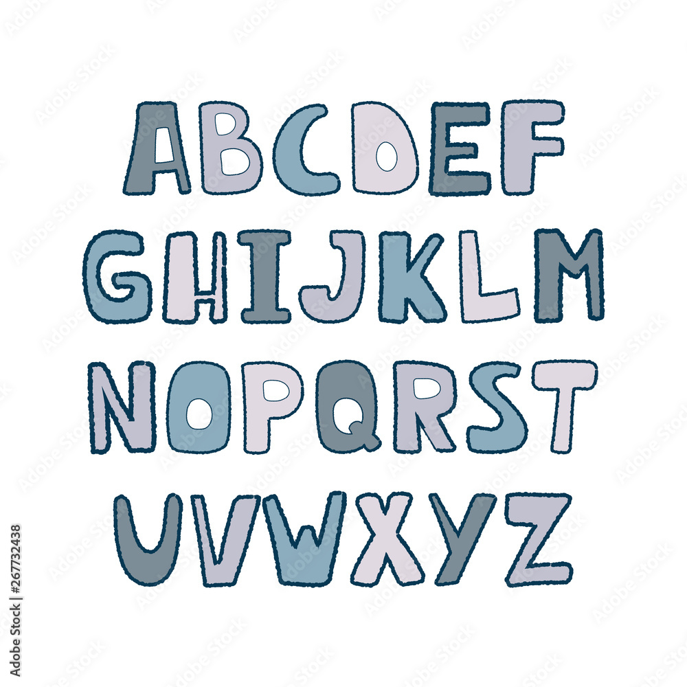 Colorful vector cartoon alphabet for kids on a white background. Upper letters with textural stroke. Cute abc design for book cover, poster, card, print on baby's clothes, pillow.
