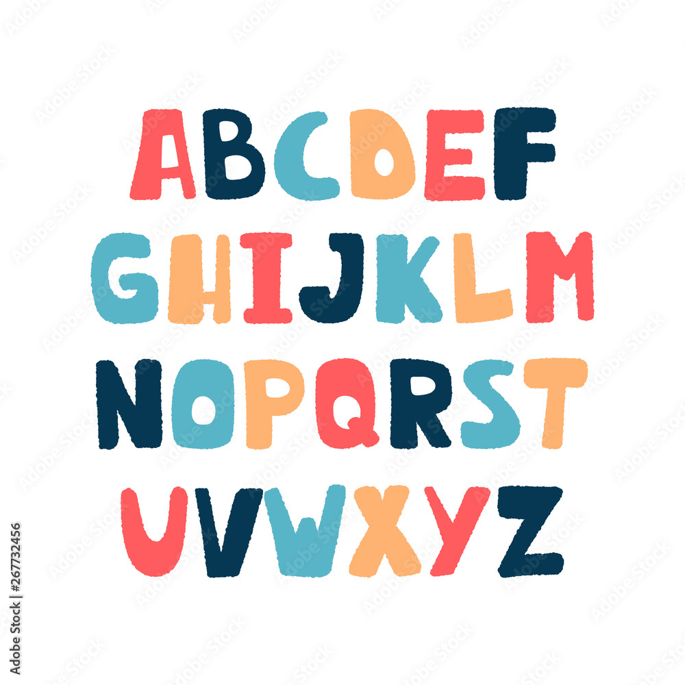 Colorful vector cartoon alphabet for kids on a white background. Upper letters with textural stroke. Cute abc design for book cover, poster, card, print on baby's clothes, pillow.