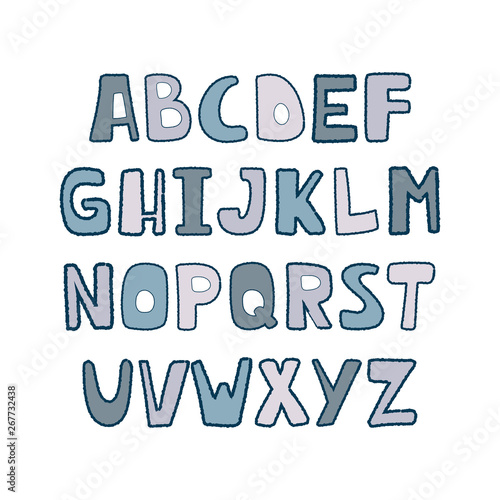 Colorful vector cartoon alphabet for kids on a white background. Upper letters with textural stroke. Cute abc design for book cover  poster  card  print on baby s clothes  pillow.