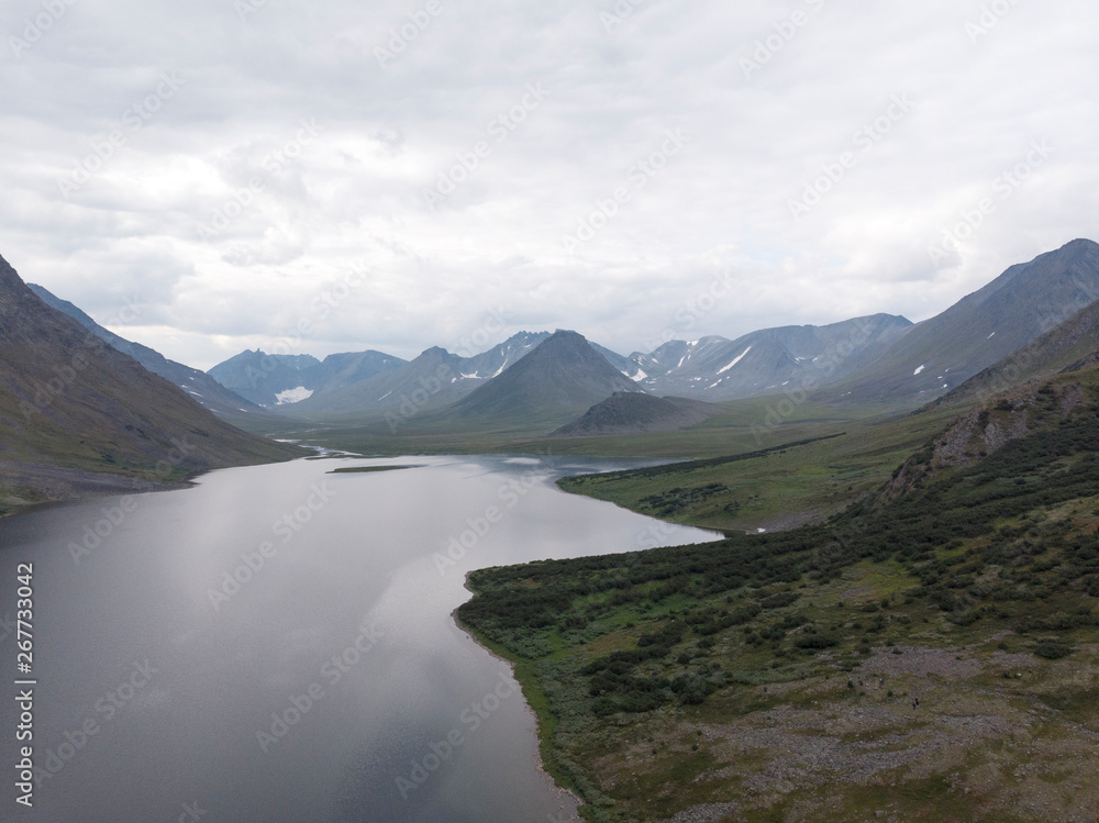 Summer landscape with mountains, Lake Hadata, Polar Urals, Yamal. Top view