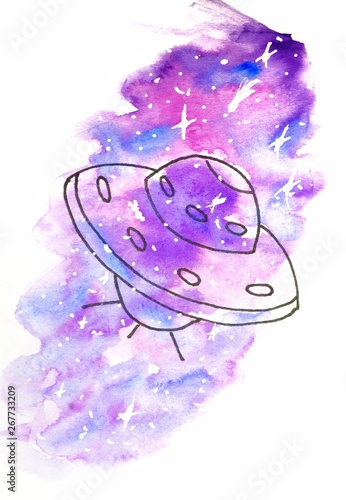 watercolor sketch illustration, tattoo style: contour of an unknown flying object against a background of pink and lilac cosmos-like spots with white stars