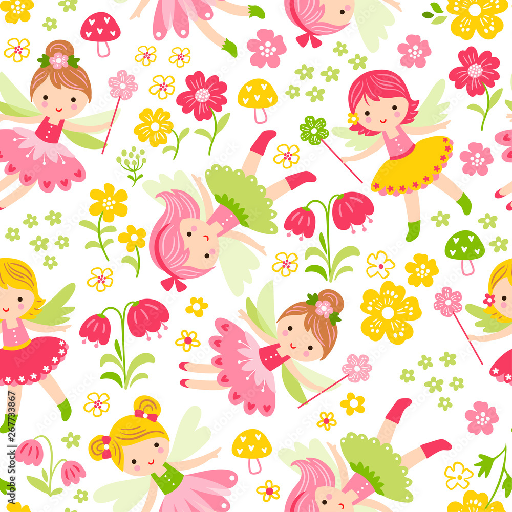 Seamless illustration with fairies and flowers on a white background. Seamless illustration with fairies and flowers on a white background.