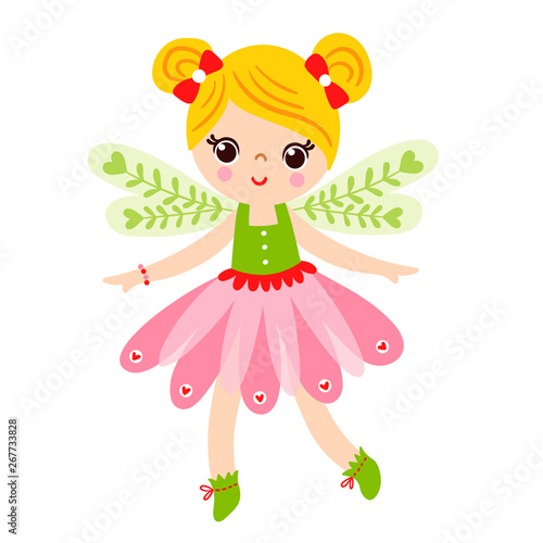 Fairy is standing on a white background and smiling. Cute girl with wings