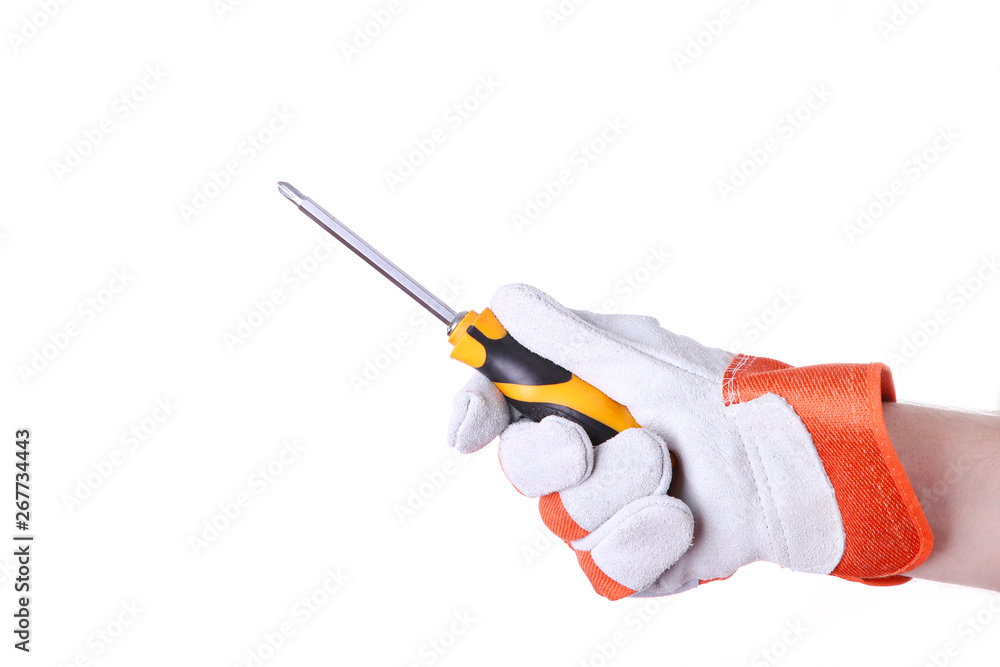 Hand holding a yellow and black screwdriver isolated over white background Hand holding a yellow and black screwdriver isolated over white background