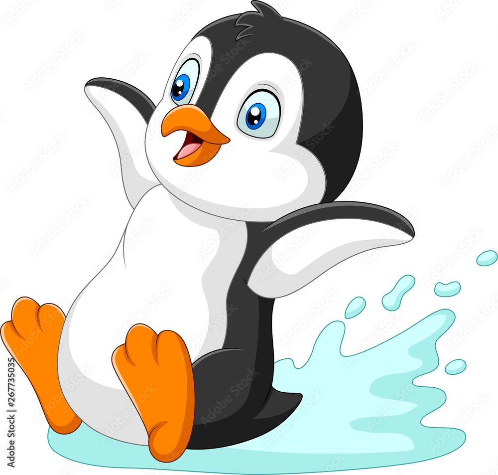 Obraz premium Cartoon penguin sliding on water