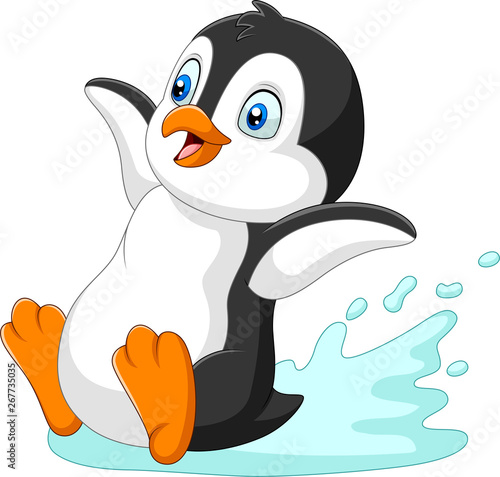 Cartoon penguin sliding on water