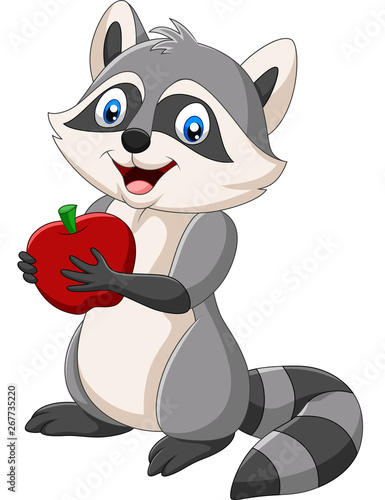 Cartoon raccoon holding a red apple