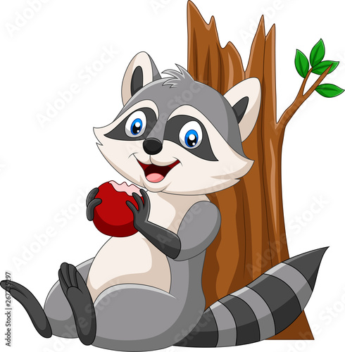 Cartoon raccoon eating a red apple